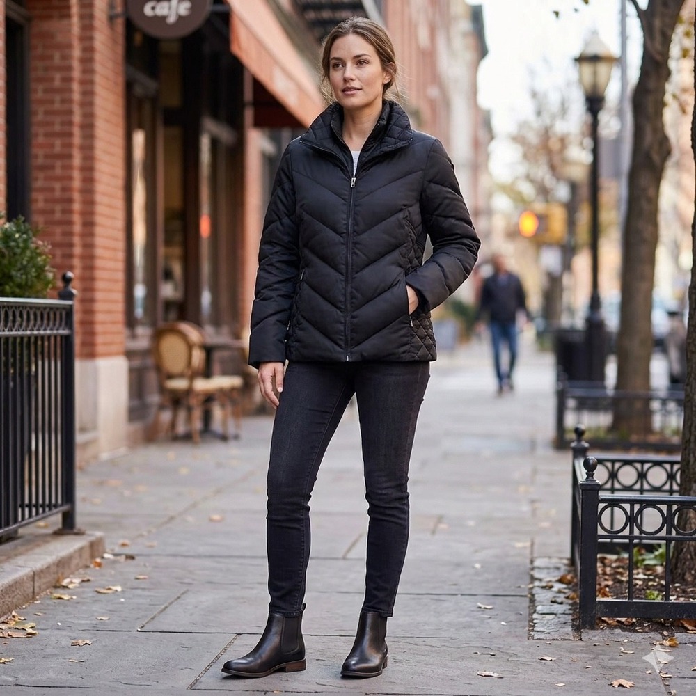 Kenneth Cole Reaction Black Down Puffer Jacket‎ Chevron Quilt RN 54163 Womens L